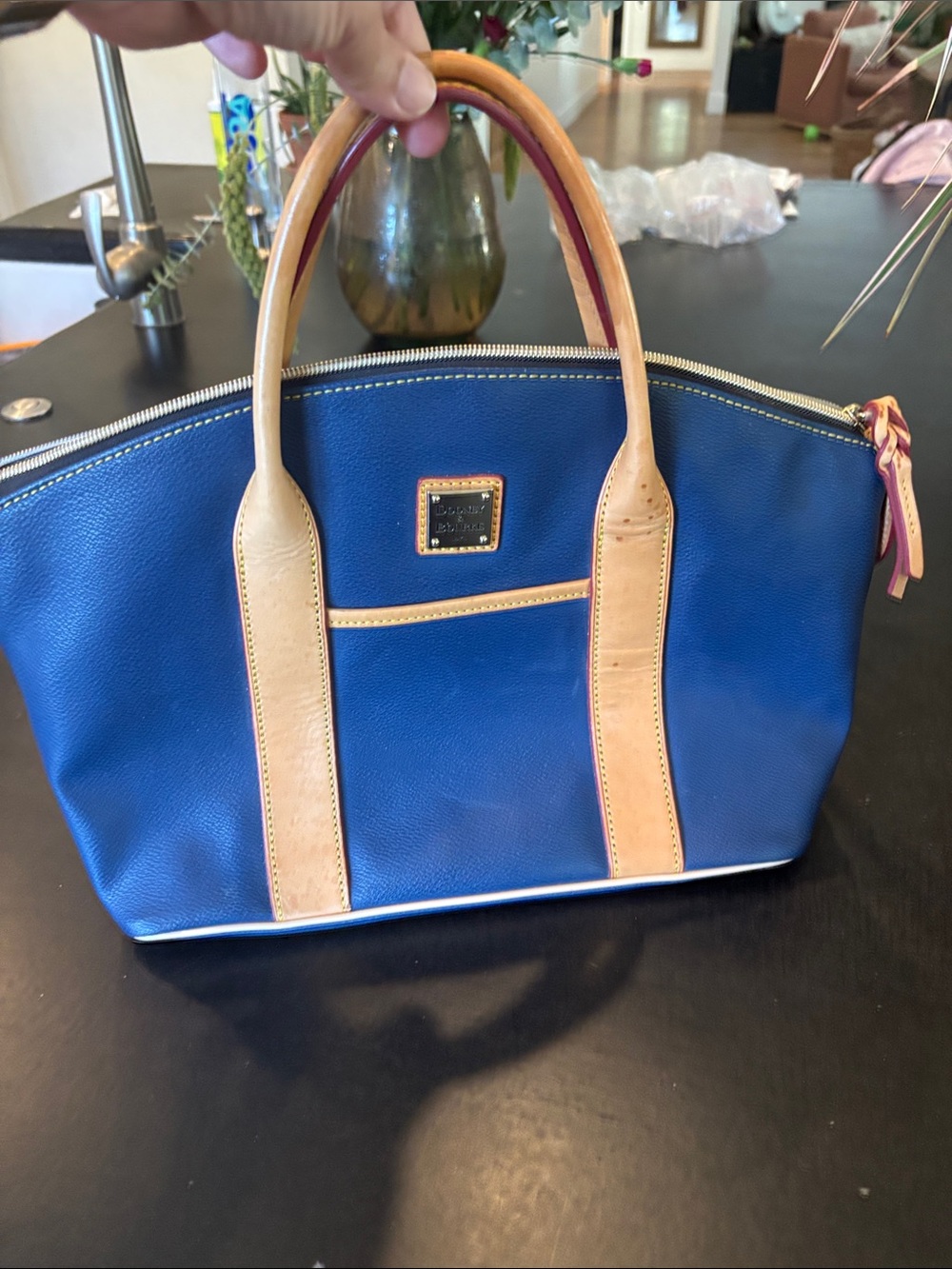 Vintage Dooney & Bourke Blue Leather Tote with Tan Trim